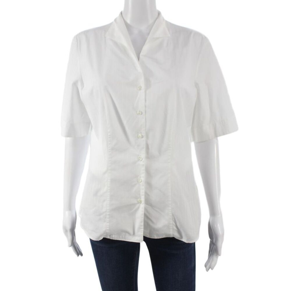 Van Laack Women Basic White Striped Cotton Collared Short Sleeve Blouse Size 40